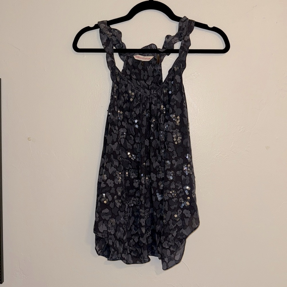Rebecca Taylor Vneck sequin charcoal grey/navy/black ruffle racerback top size 4